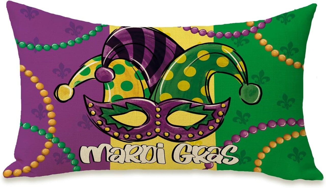 Mardi Gras Lumbar Decorative Rectangle Pillow Cover 12 x 20, Jester Mask New Orleans Carnival Porch Patio Outdoor Pillowcase, Beads Fleur De Lis Masquerade Sofa Couch Cushion Case Home Decor
